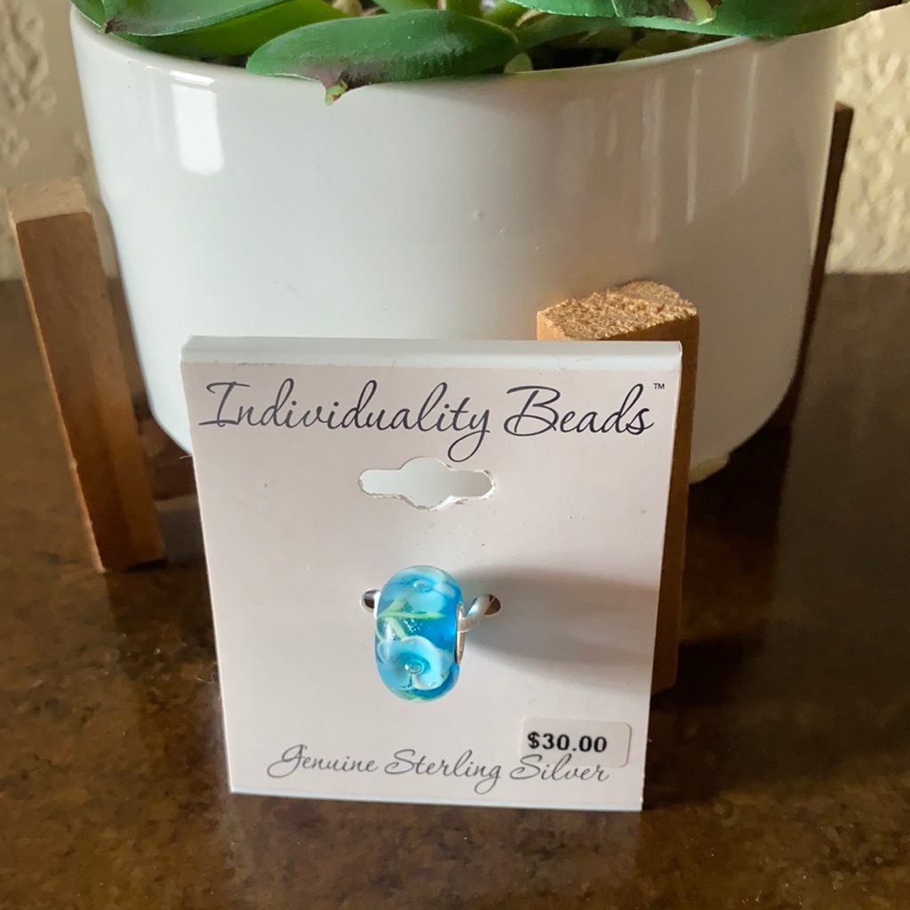 Nwt Aqua Blue With White Flowers Sterling Silver Individuality Bead 13$